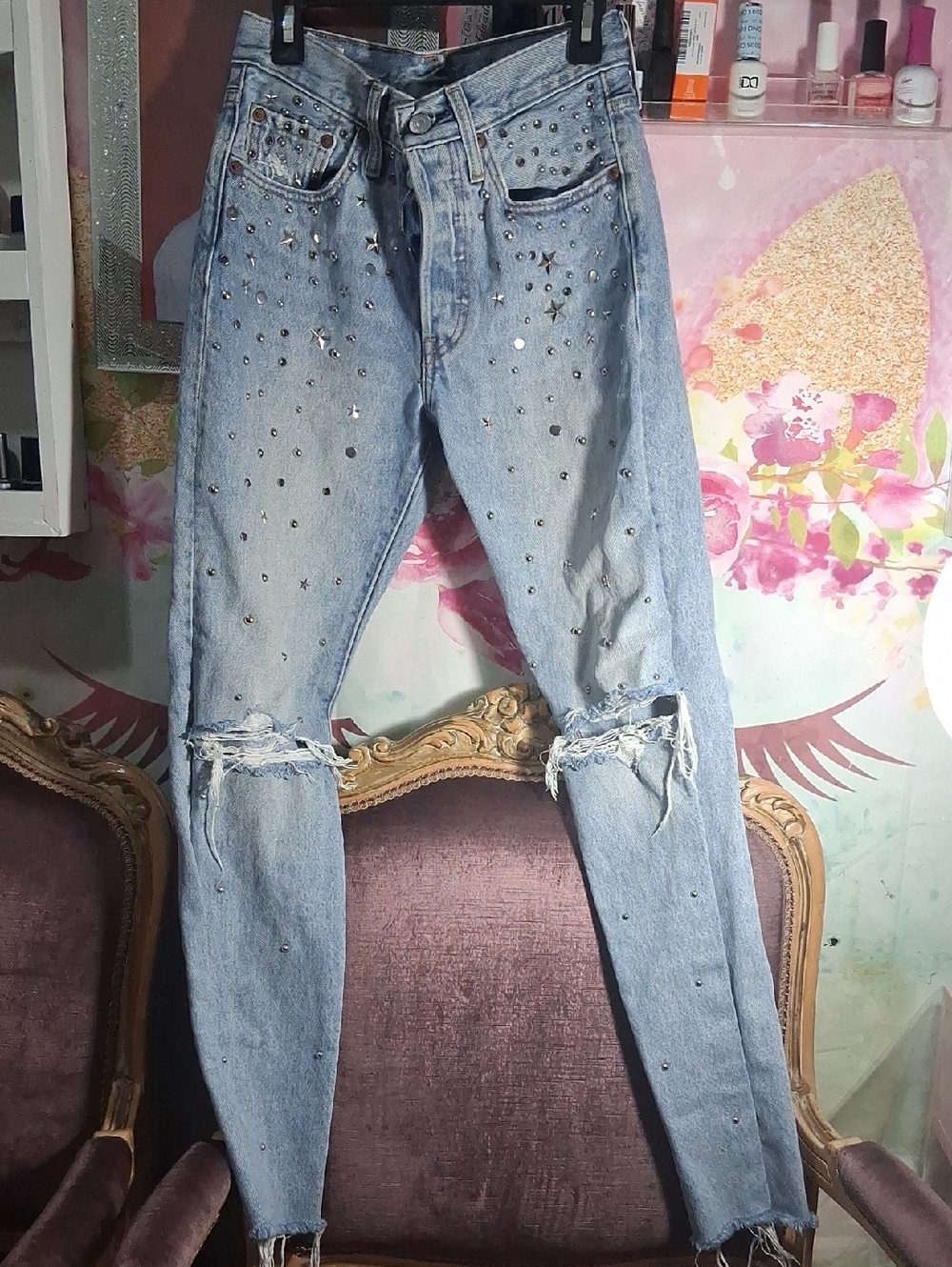 Levi's Light Blue Studded Skinny Jeans with Knee Rips